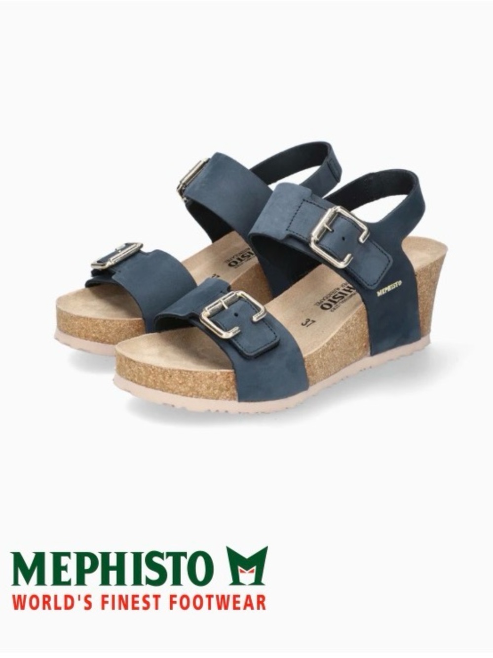 Mephisto Women’s Navy Blue Cork Wedge Sandals with Buckle Straps - Size 40